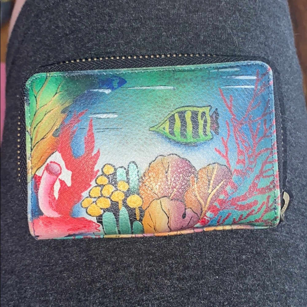 Anuschka small zip wallet card fish turtle As Is - Picture 2 of 6
